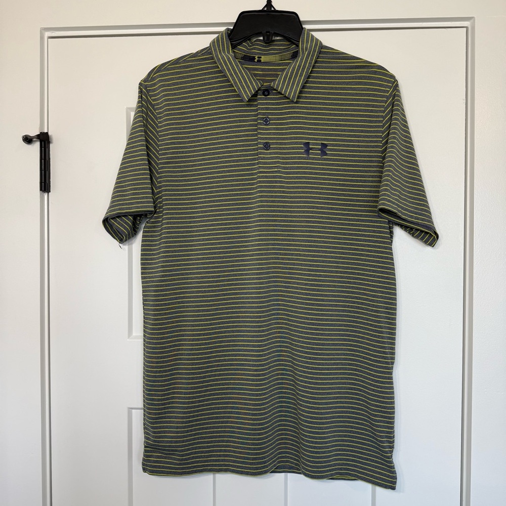 Under Armor dri-fit Polo Shirt men’s size small gray and yellow stripes.